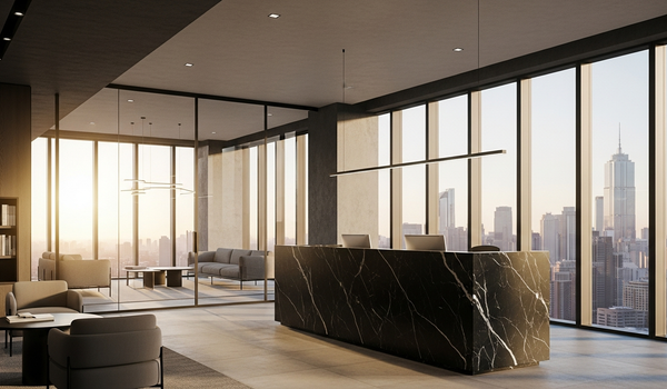 Luxury modern real estate office with city skyline view — best content marketing agencies for real estate