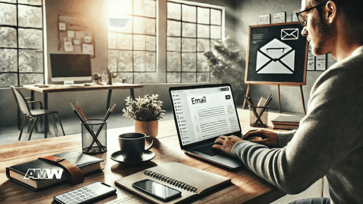 Person checking email at a desk.