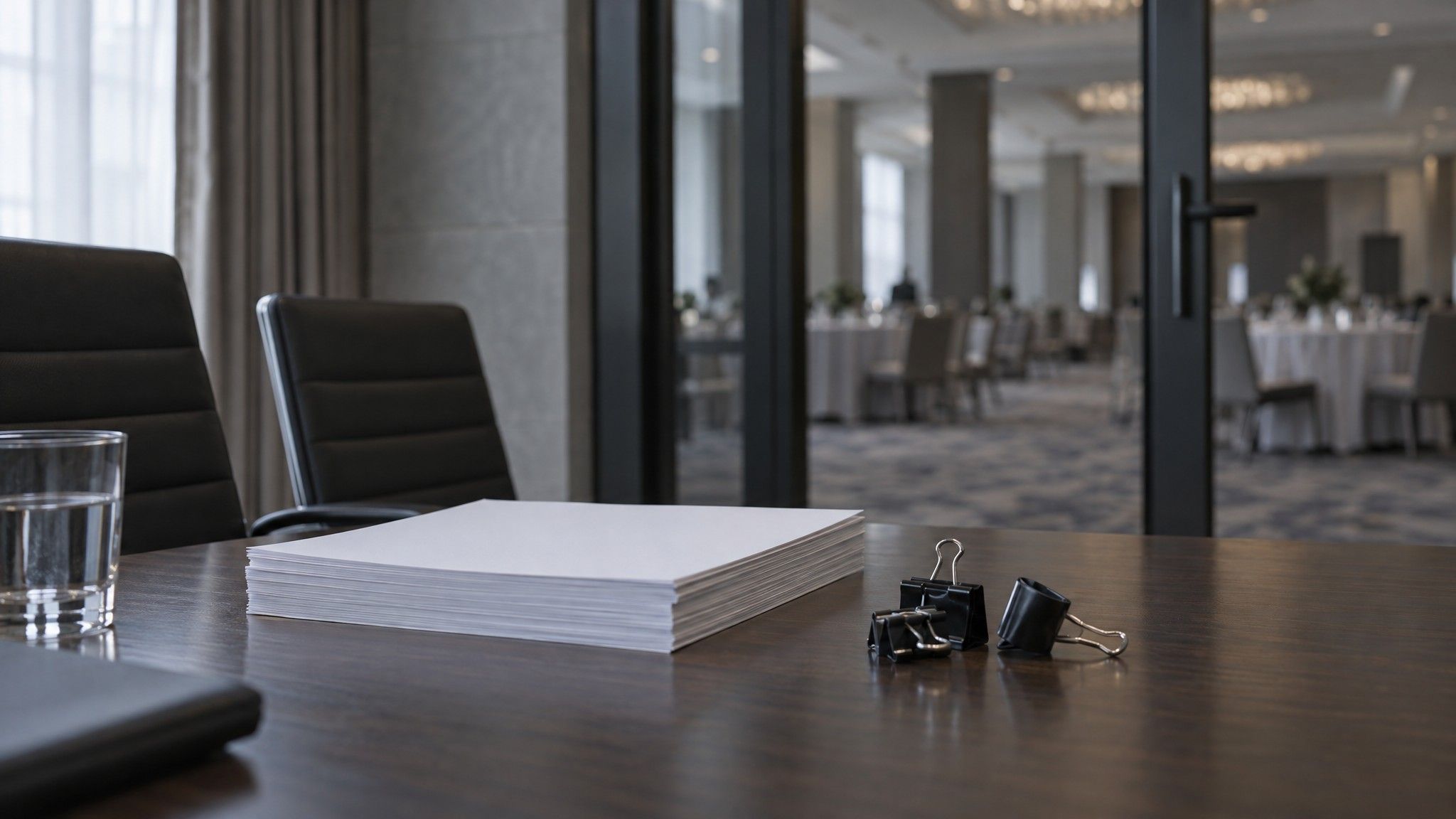 Blank paper and binder clips on a table, an empty ballroom behind