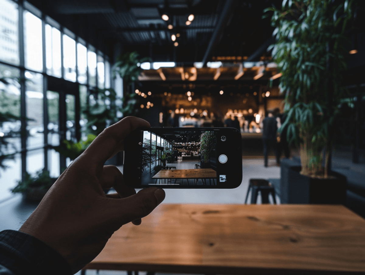 Smartphone captures modern cafe interior.
