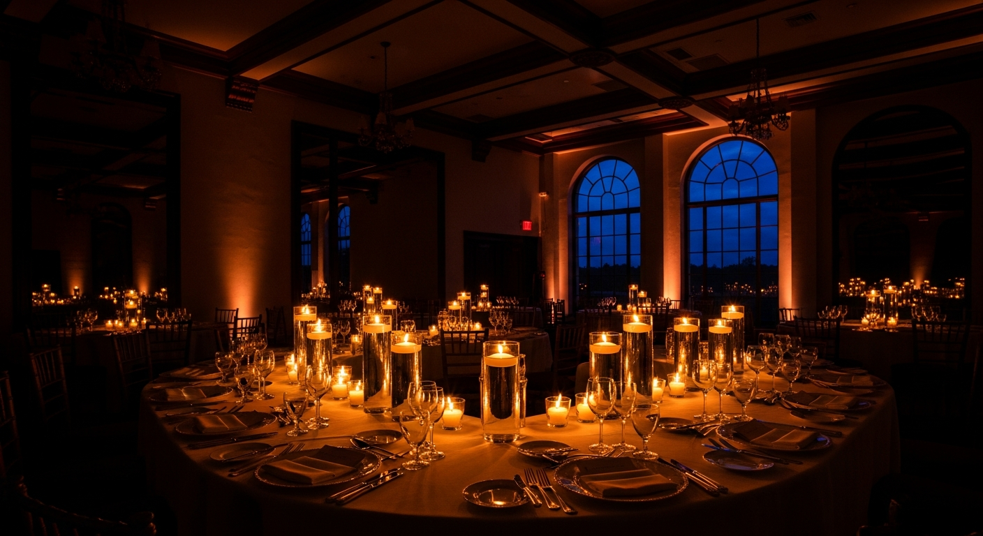 Elegant wedding reception venue at twilight with candlelit banquet table and crystal glassware