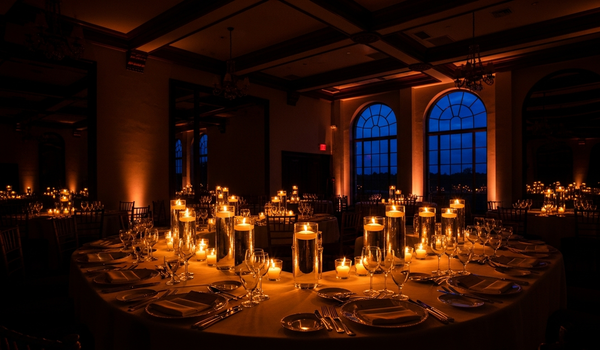 Elegant wedding reception venue at twilight with candlelit banquet table and crystal glassware