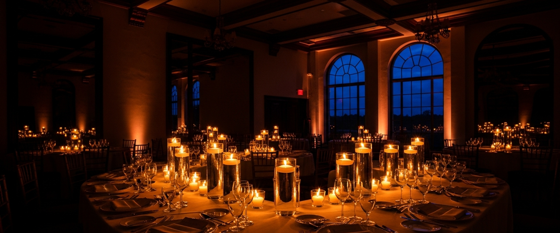 Elegant wedding reception venue at twilight with candlelit banquet table and crystal glassware