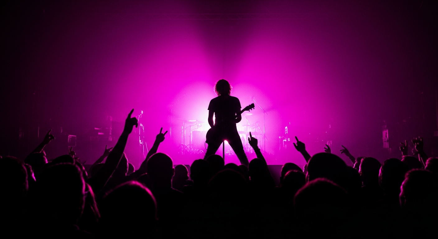 Concert performer silhouetted against vivid stage lights representing music promotion