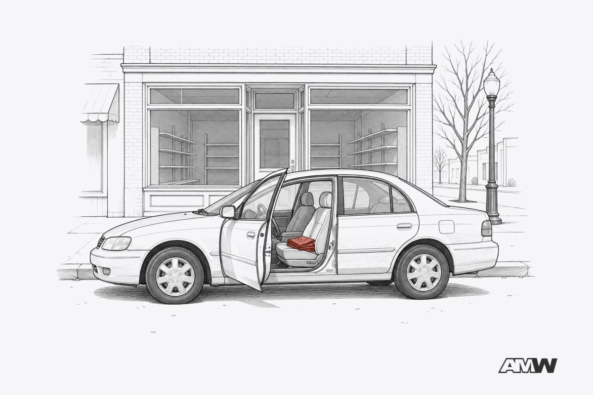 A sedan at the curb outside an emptied shop, with a stack of cloth on the front seat