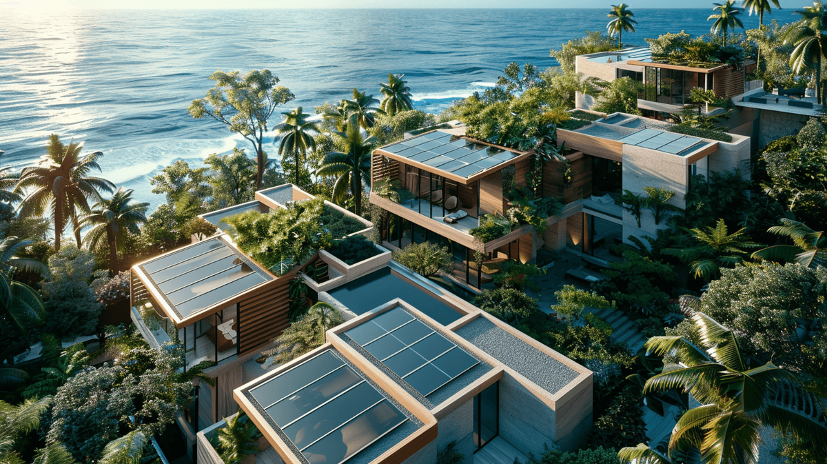 Modern eco-friendly oceanside villas with lush greenery.