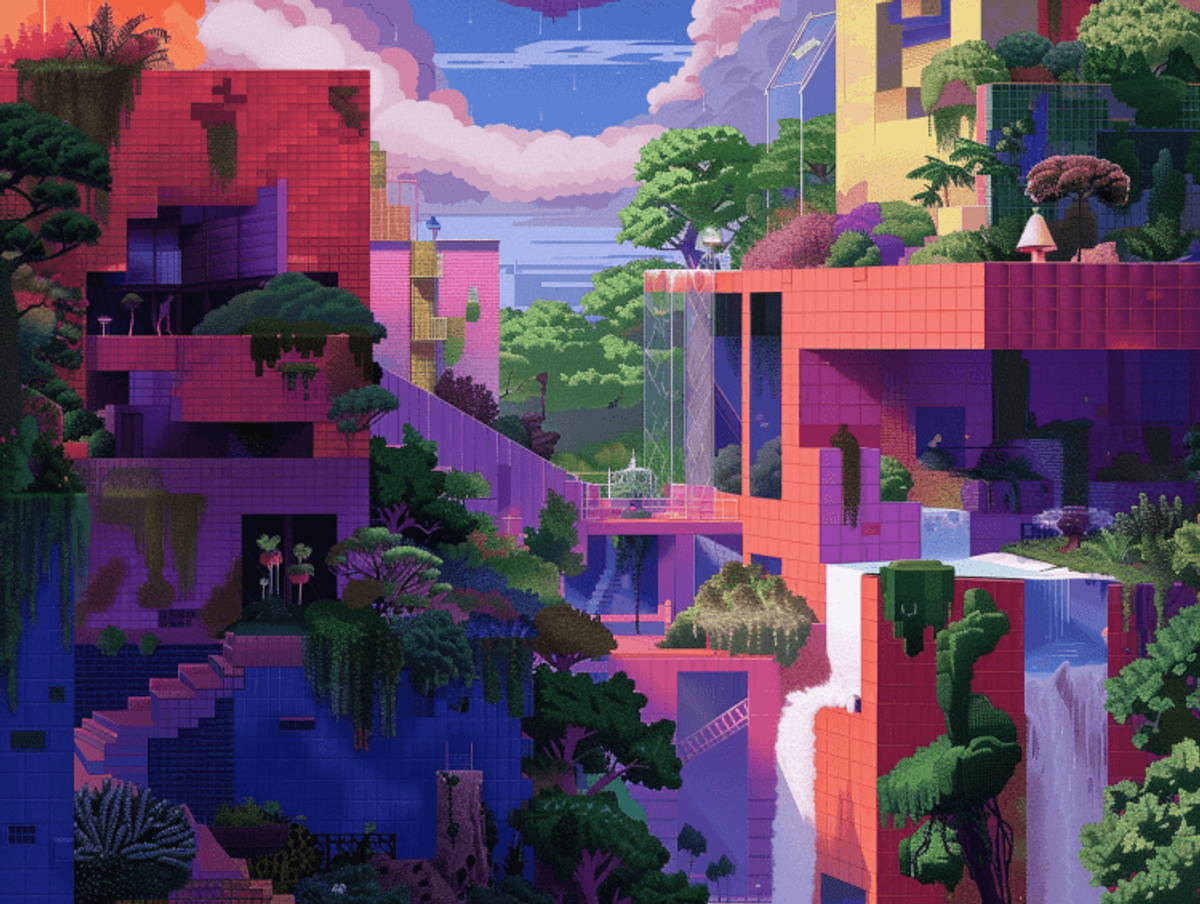 Colorful pixelated cityscape with lush greenery and waterfall.