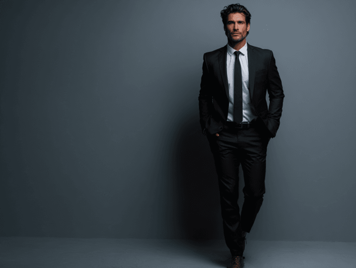 Man in formal suit against gray background