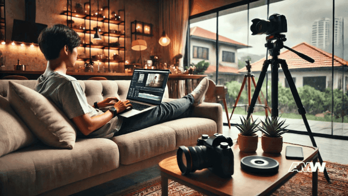Person editing video on laptop in cozy living room.