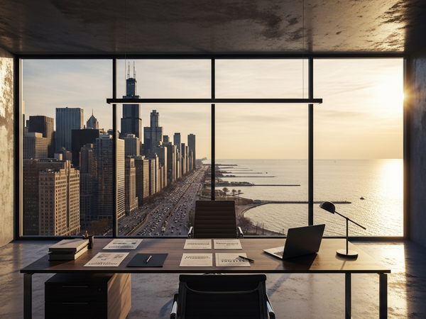 Luxury content marketing workspace with Chicago skyline panorama