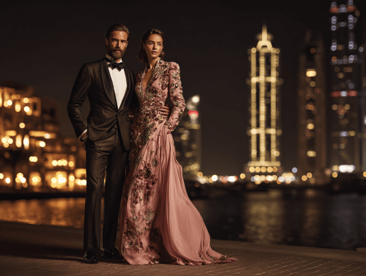 Elegant couple in evening attire by city lights.