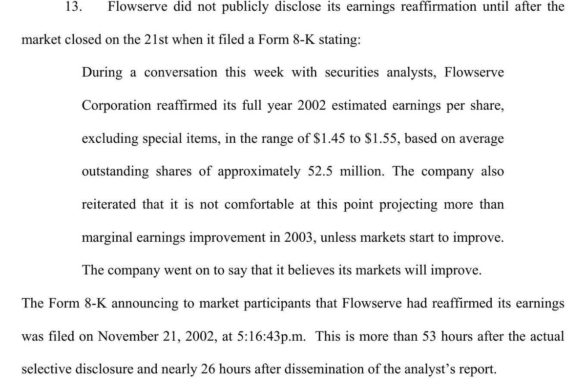 A page of the SEC's amended complaint against Flowserve, describing the stock price and volume rise after an analyst's report and quoting the Form 8-K the company filed on November 21, 2002