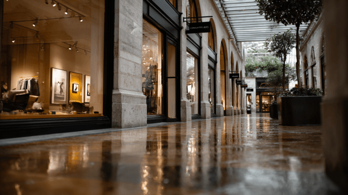 Elegant shopping arcade with boutiques and plants