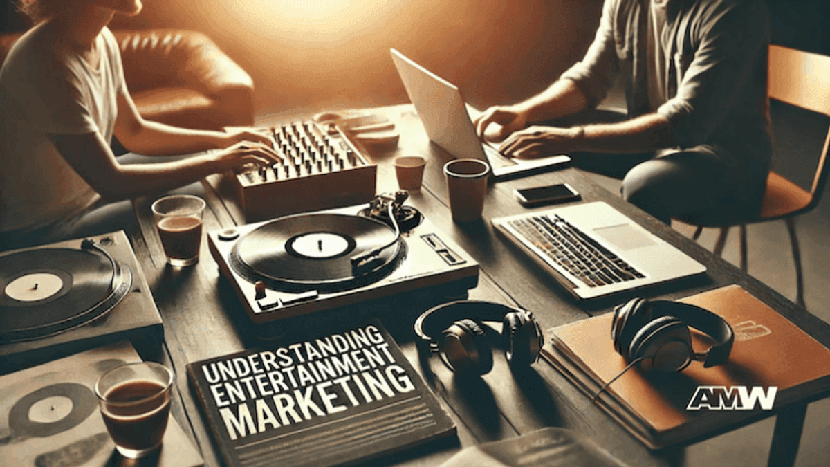 People working on entertainment marketing with laptops, records.