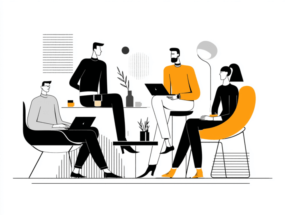Illustration of people collaborating in office setting.