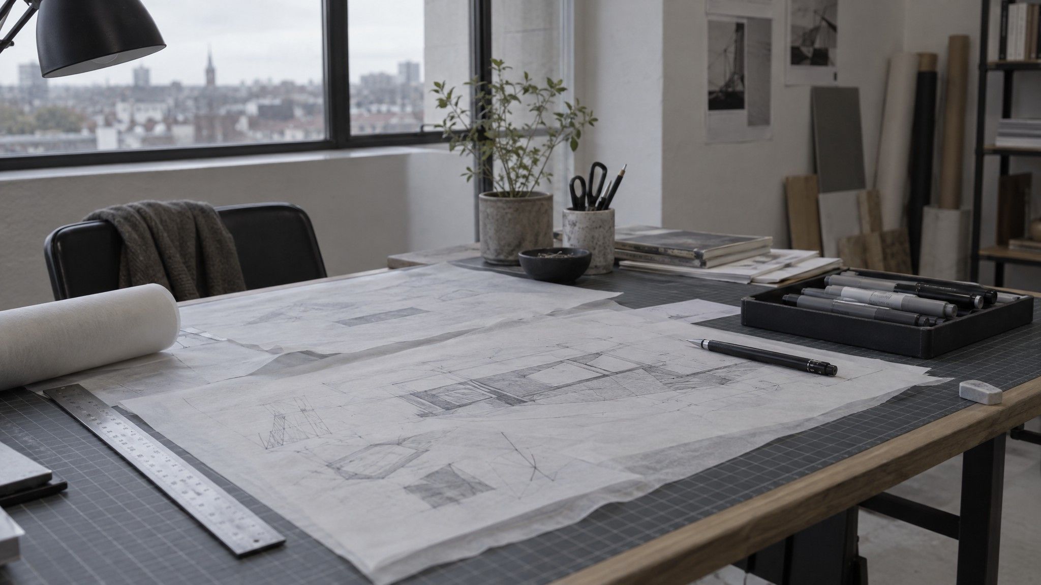 Drafting table with tracing paper, grey markers and a cutting mat