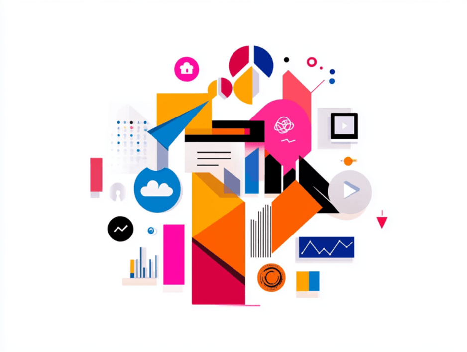 Flat illustration in pink, orange and blue of overlapping documents, charts, a video player, a cloud icon and a paper plane arranged in a cluster