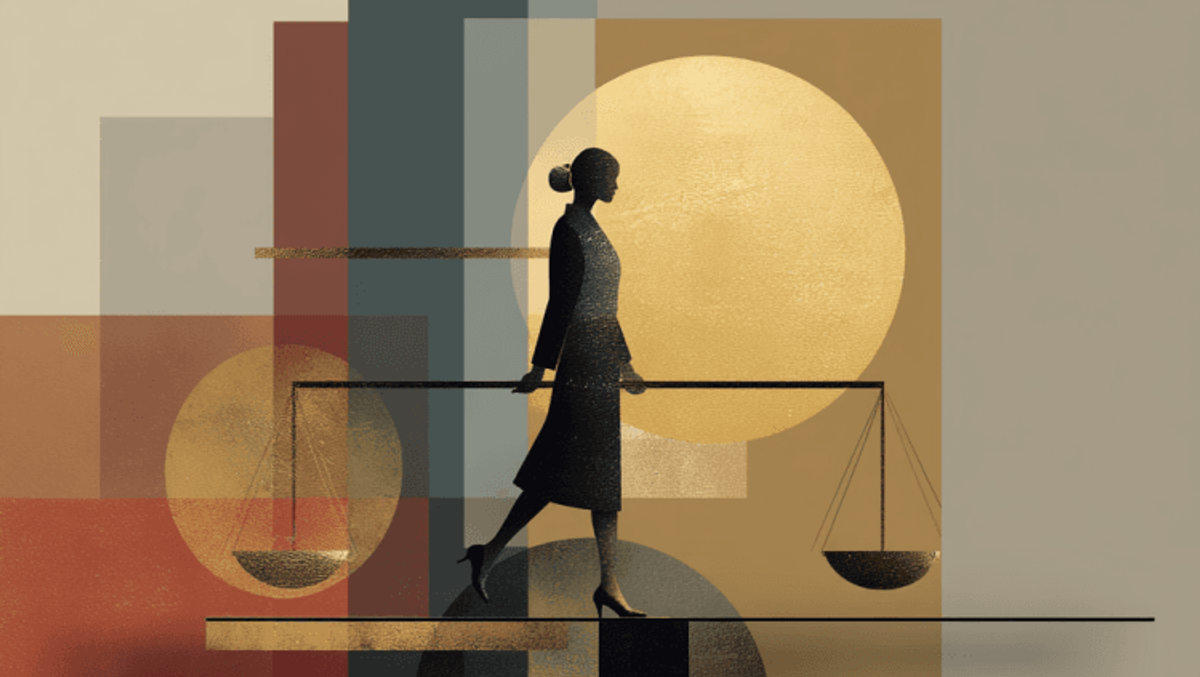 Silhouette balancing scales, abstract background