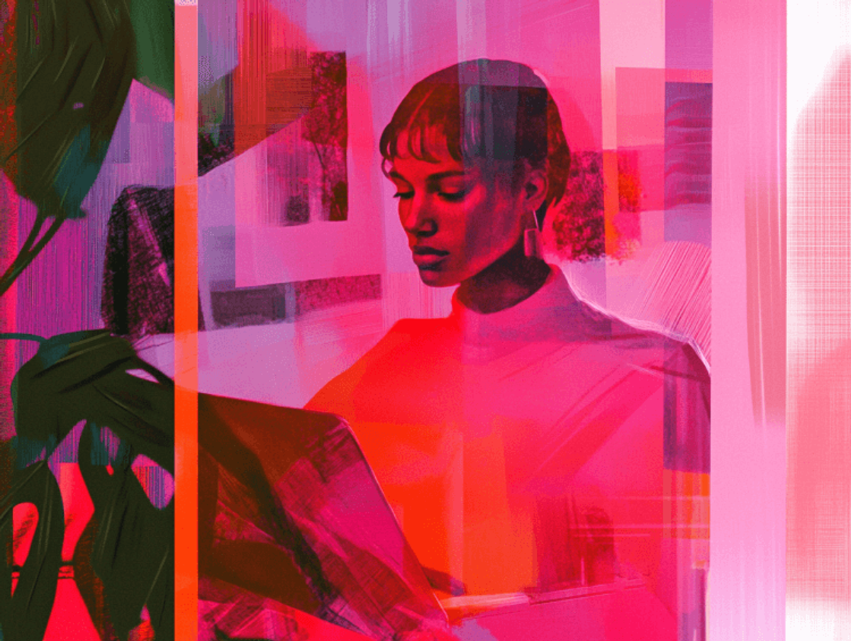 Abstract art of person reading in colorful room.