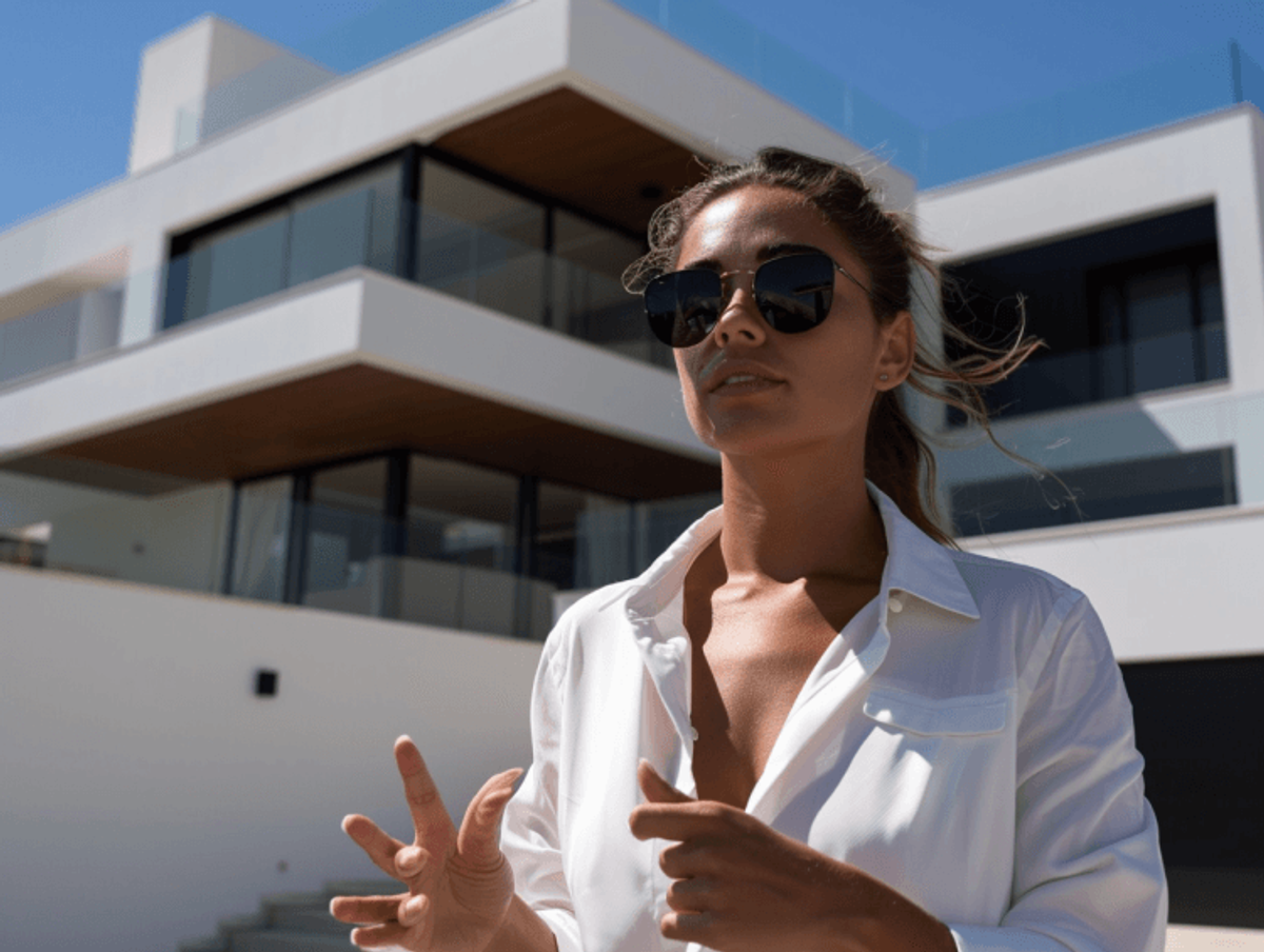 Woman in sunglasses outside modern building
