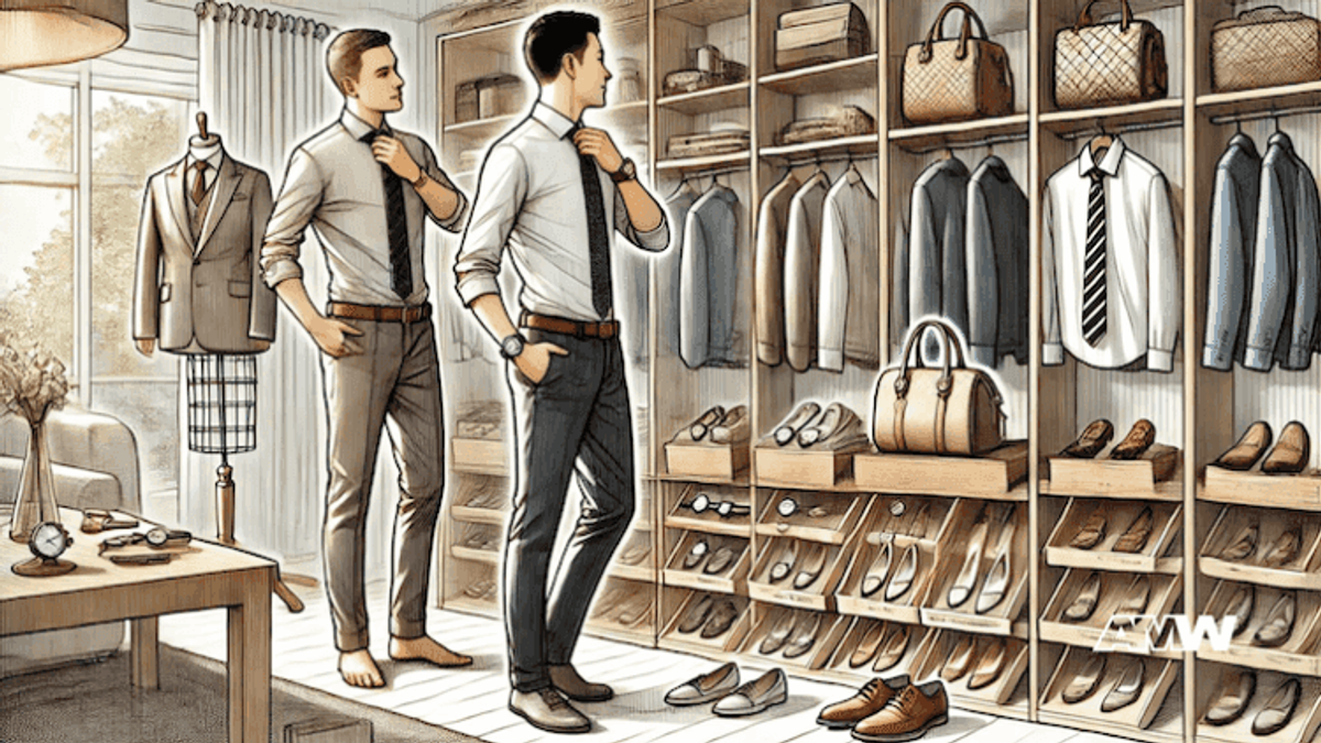 Two men in dressing room with clothes and accessories.