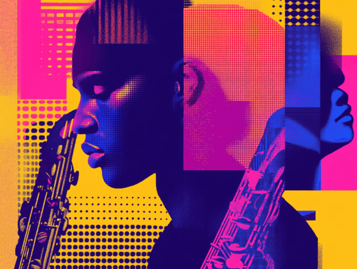 Colorful silhouette with saxophone in abstract design.