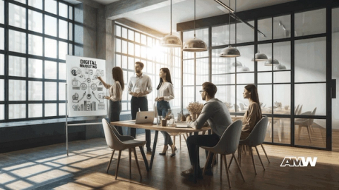 Marketing team discussing building a great brand identity with digital marketing