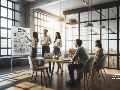 Marketing team discussing building a great brand identity with digital marketing