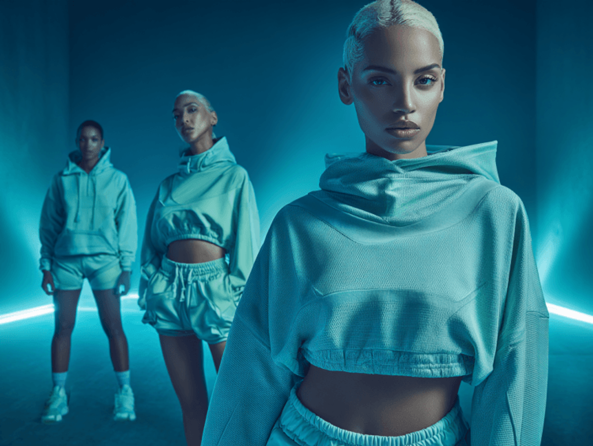 Models in futuristic blue sportswear fashion shoot.
