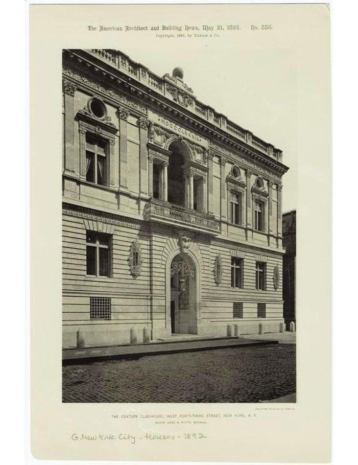An 1892 printed photograph of the Century Association clubhouse on West 43rd Street, an Italian Renaissance facade with an arched entrance, a balcony and round windows