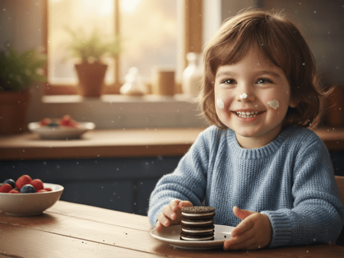 Smiling child with cookies and milk on face.