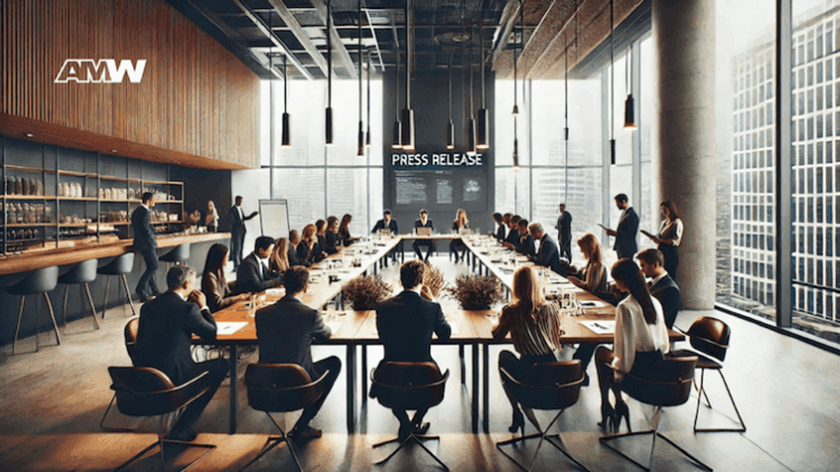 Business meeting in modern conference room.