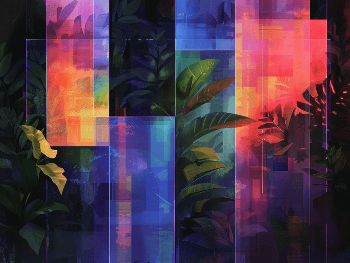 Abstract geometric shapes with vibrant colors, tropical leaves.