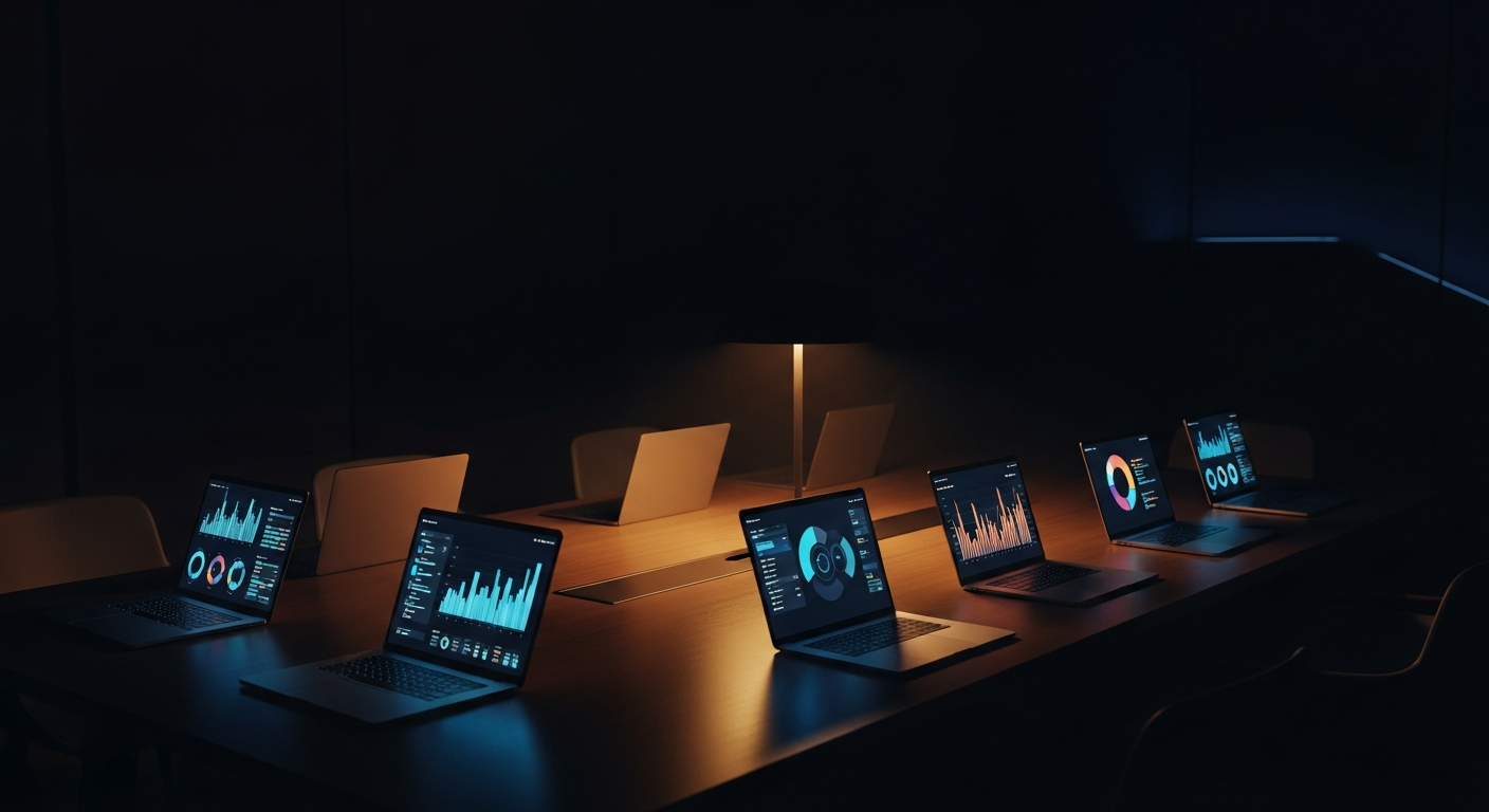Conference room table with laptop screens showing dashboards in warm desk lamp light