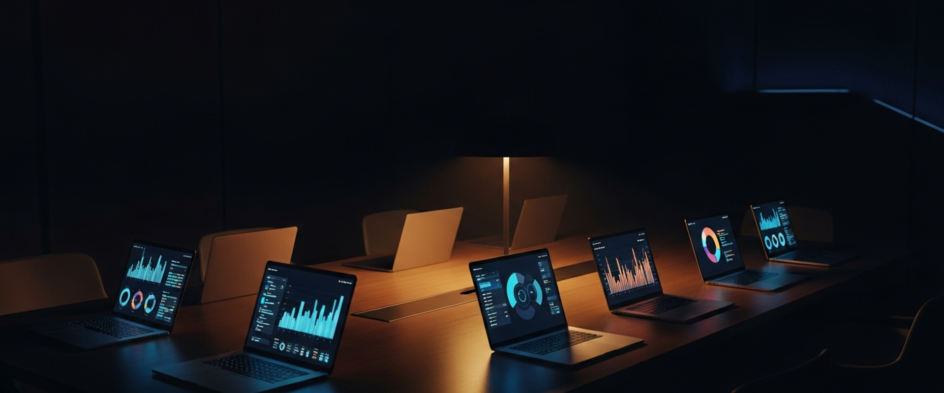 Conference room table with laptop screens showing dashboards in warm desk lamp light