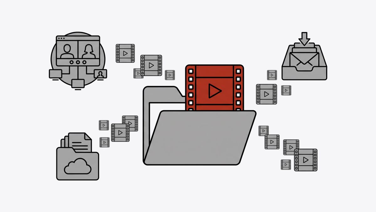Illustration: Video recordings scatter across tools until one gets pulled for review shared drive; inbox; meeting recordings. One file gets a closer look