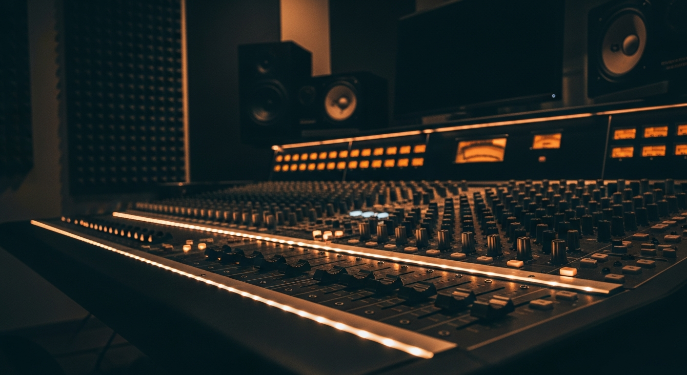 Music recording studio mixing console with warm ambient lighting
