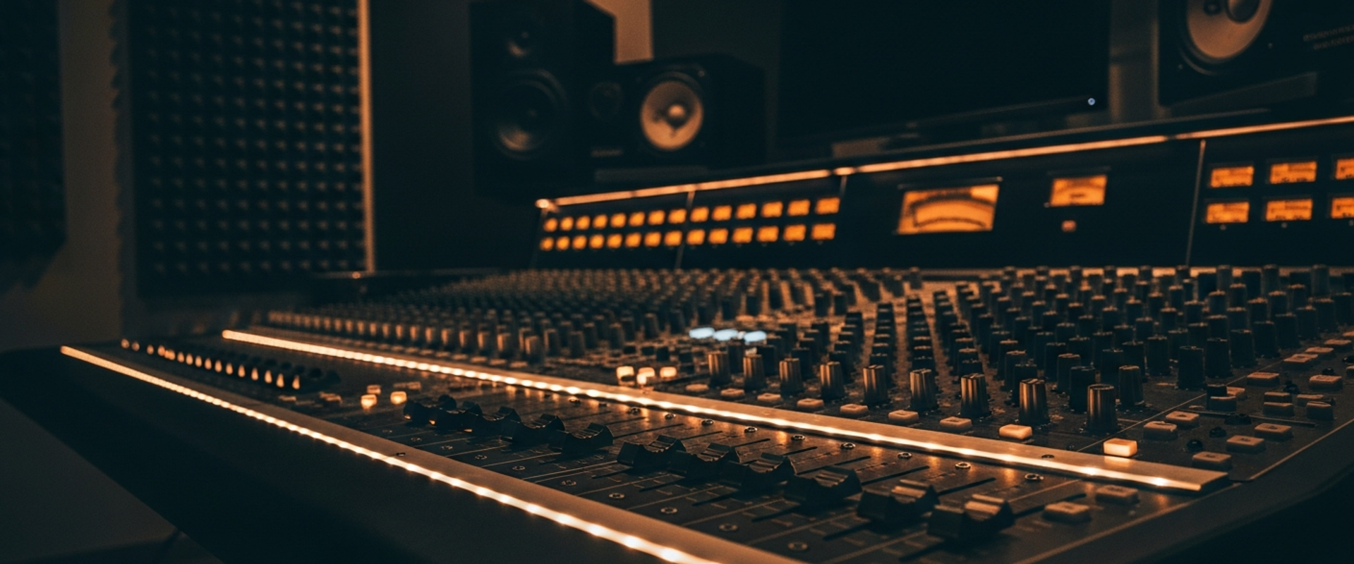 Music recording studio mixing console with warm ambient lighting