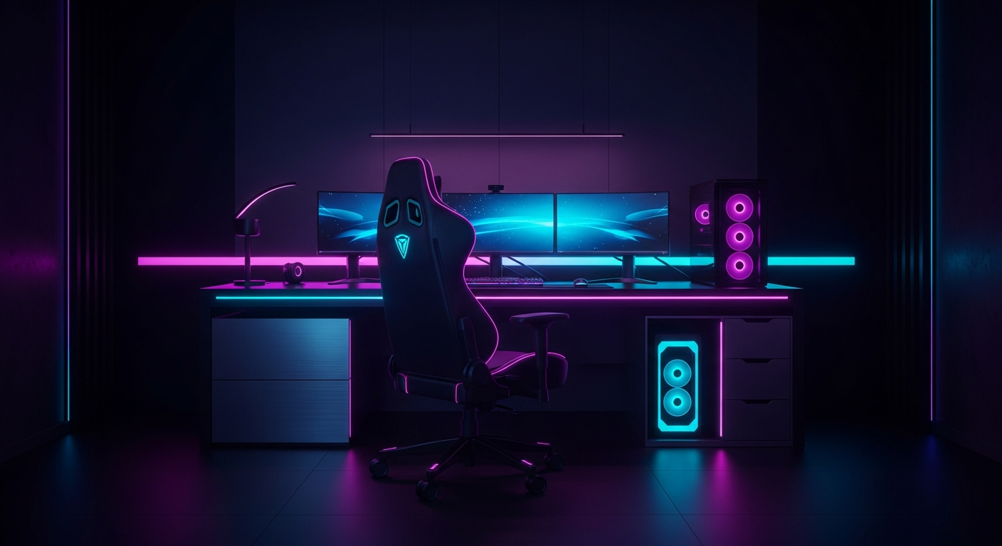 Futuristic gaming setup with vivid RGB lighting and curved monitors - gaming industry statistics