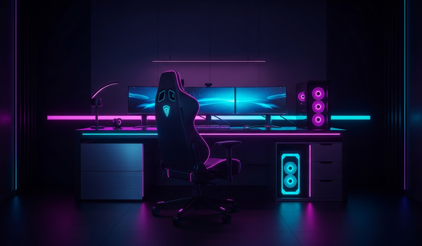 Futuristic gaming setup with vivid RGB lighting and curved monitors - gaming industry statistics
