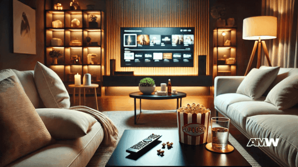 Cozy living room with TV and popcorn.