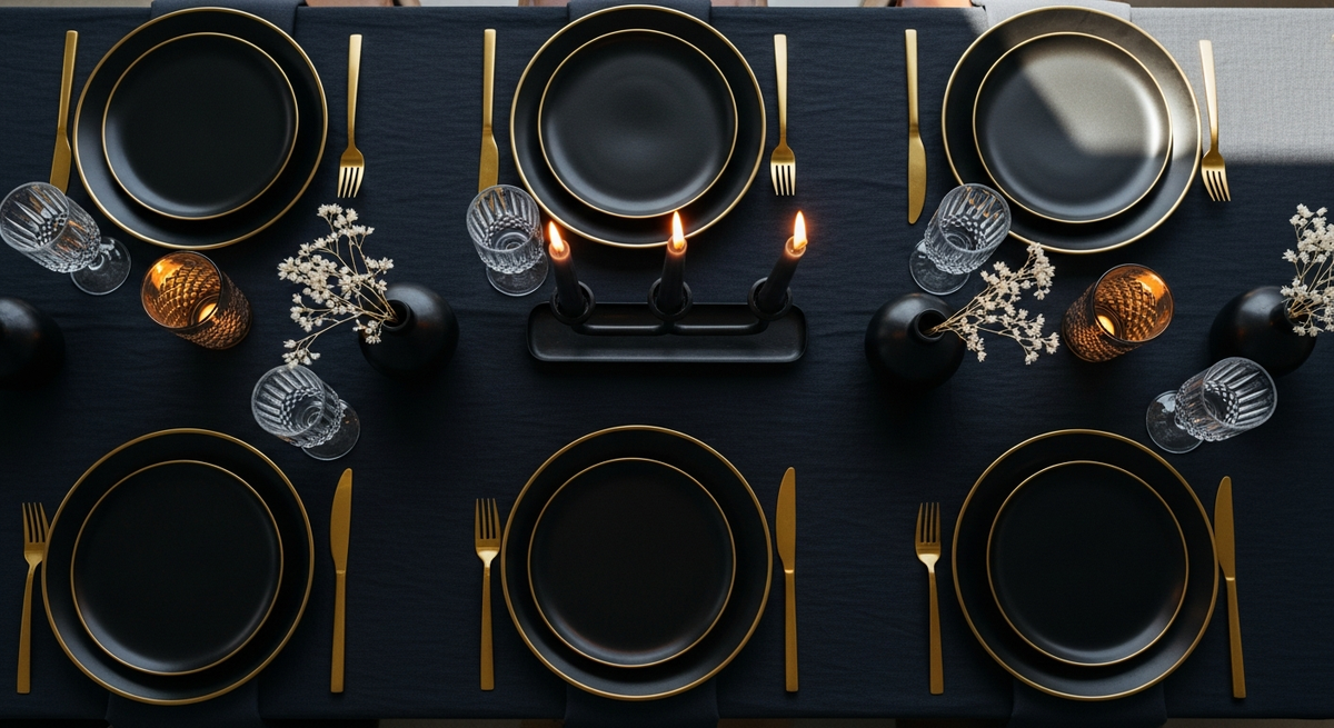 Elegant overhead view of dark luxury table setting with gold accents and warm candlelight on charcoal linen