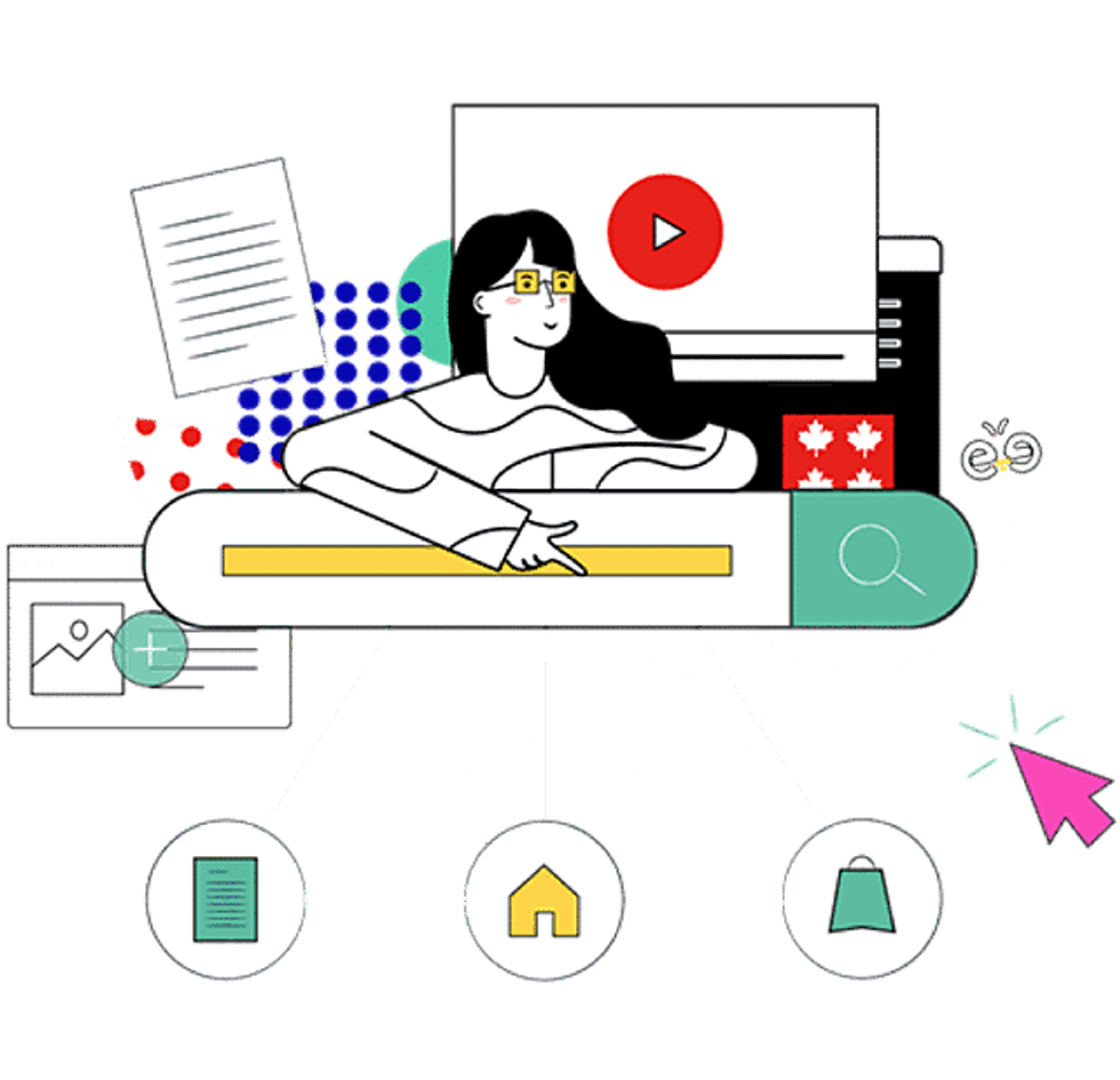 Flat illustration of a woman leaning on an oversized search bar with a magnifier button, surrounded by a video player window, a text document, an image card and circular icons for a page, a house and a shopping bag