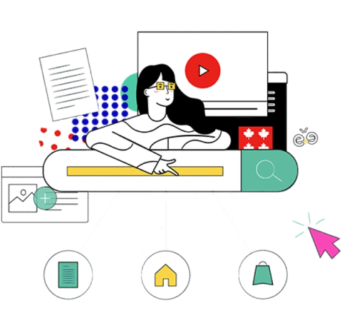 Flat illustration of a woman leaning on an oversized search bar with a magnifier button, surrounded by a video player window, a text document, an image card and circular icons for a page, a house and a shopping bag