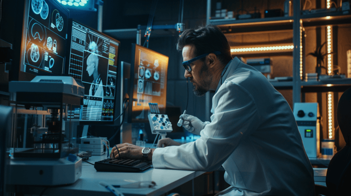 Scientist analyzing brain scans in modern lab