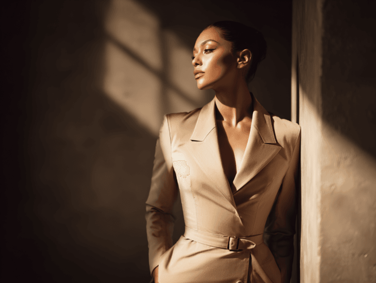 Woman in a beige suit under soft lighting