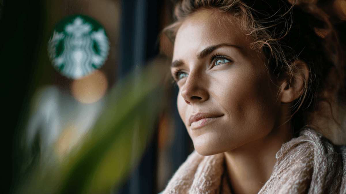 Woman gazing thoughtfully beside blurred café window
