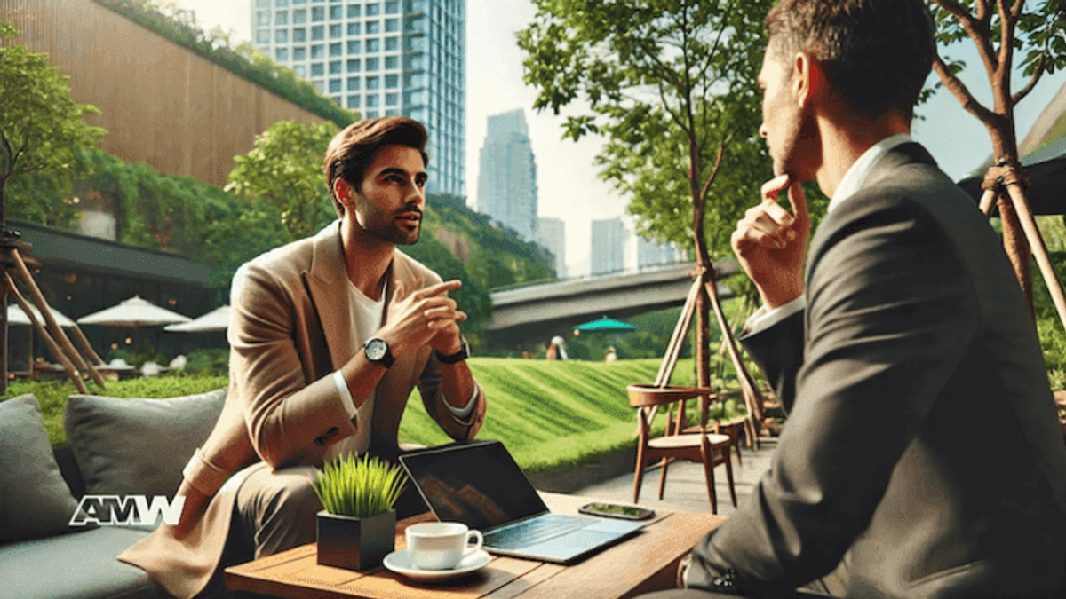 Two business professionals meeting in outdoor cafe
