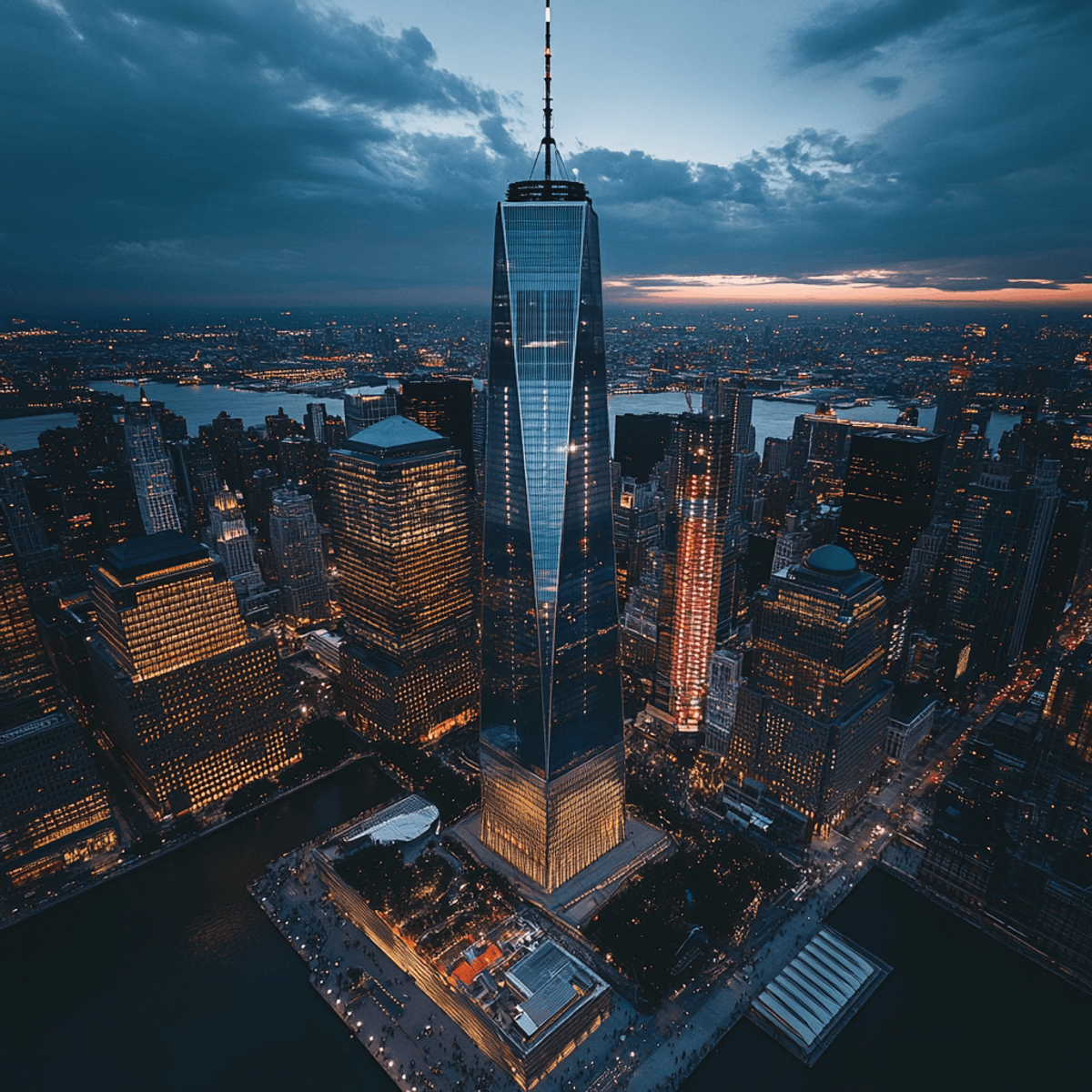 Aerial view of skyscraper at sunset in city.