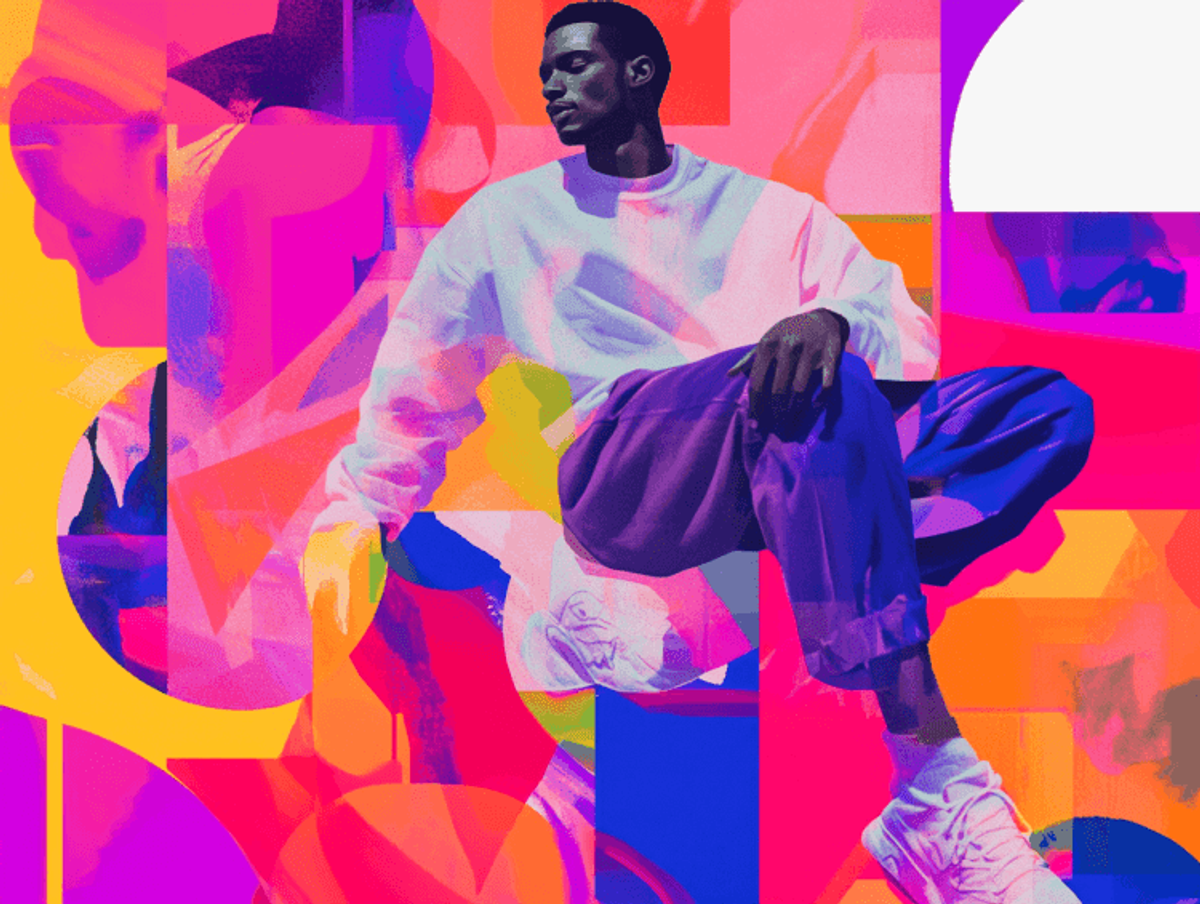 Colorful abstract portrait of a seated man.